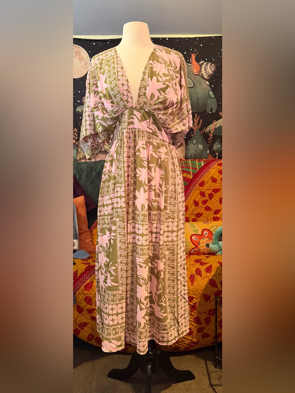 Bohemian Green & Light Pink Floral Maxi Dress